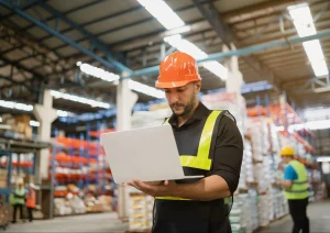 A warehouse worker holds a laptop in a busy storage environment.